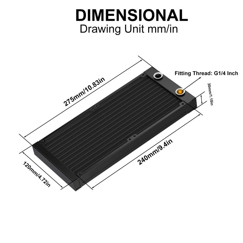 CLYXGS Water Cooling Radiator, 12 Pipe G1/4 Thread Heat Row Radiator 12 Pipe Aluminum Heat Exchanger Radiator for PC CPU Computer Water Cool System 240mm Black - Image 2